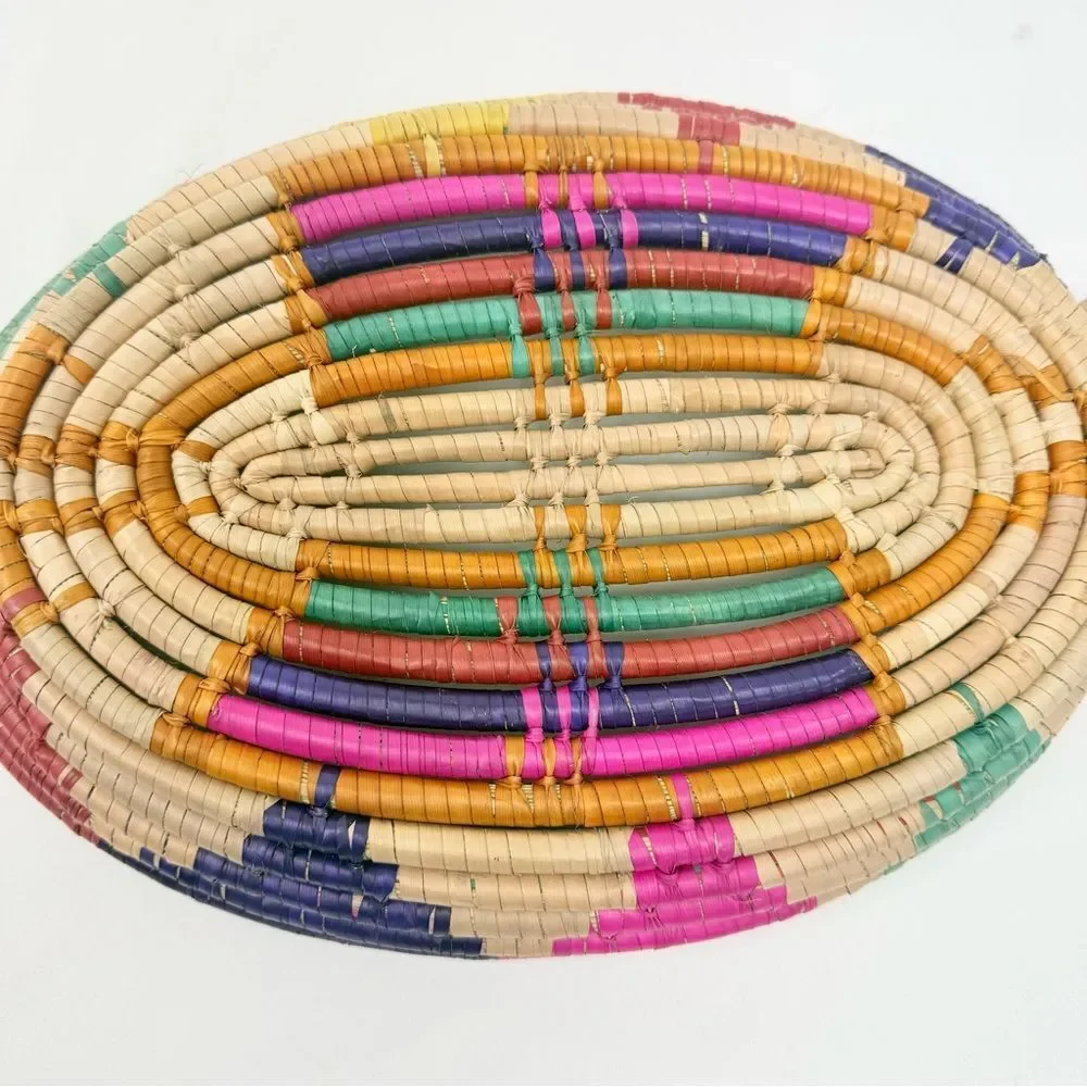 Colorful Woven Straw Oval Tray Basket Global Ethnic Tribal Southwestern